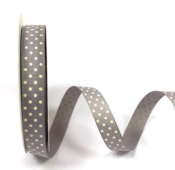 Grey 16mm Grosgrain Ribbon with Ivory Polka Dots