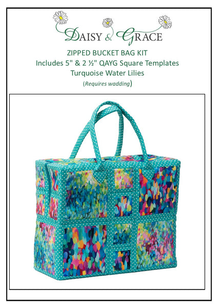 Zipped Bucket Bag Fabric pack & Templates - Turquoise Water Lilies