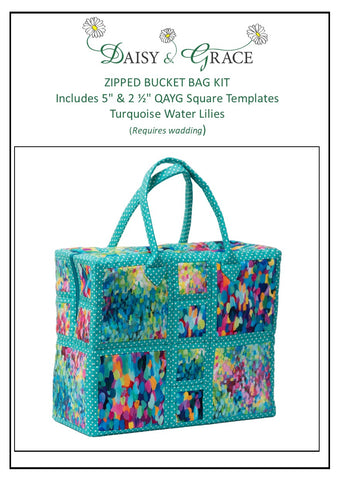 Zipped Bucket Bag Fabric pack & Templates - Turquoise Water Lilies