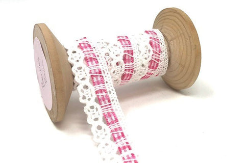 Shocking Pink 15mm Cotton Lace with Gingham Ribbon